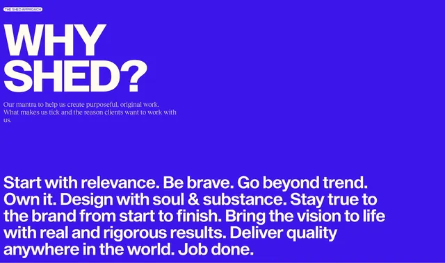 Shed WHY SHED blue values manifesto block, minimal, swiss, vibrant