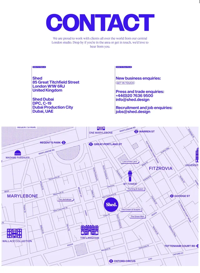 Shed contact page with stylized London map, minimal, editorial, light