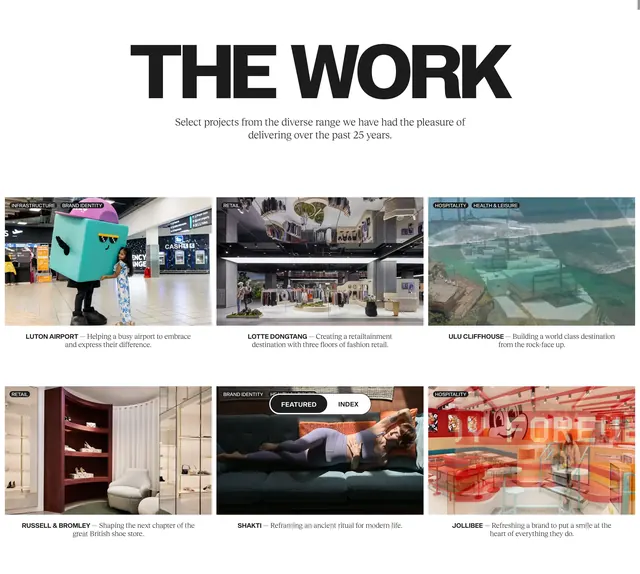 Shed THE WORK six-project portfolio grid, editorial, minimal, light