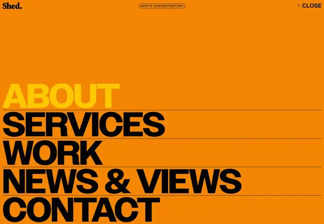 Shed full-screen orange navigation overlay, minimal, editorial, vibrant