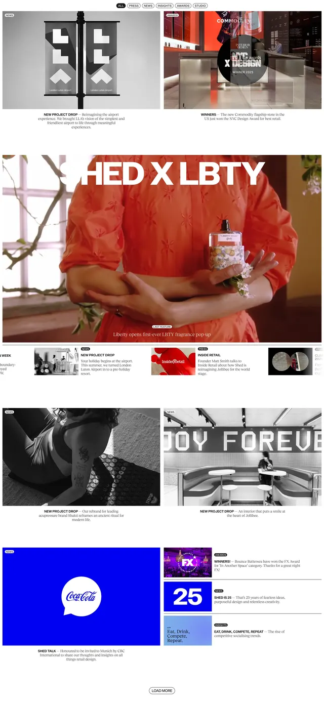 Shed agency work portfolio bento grid, editorial, minimal, light