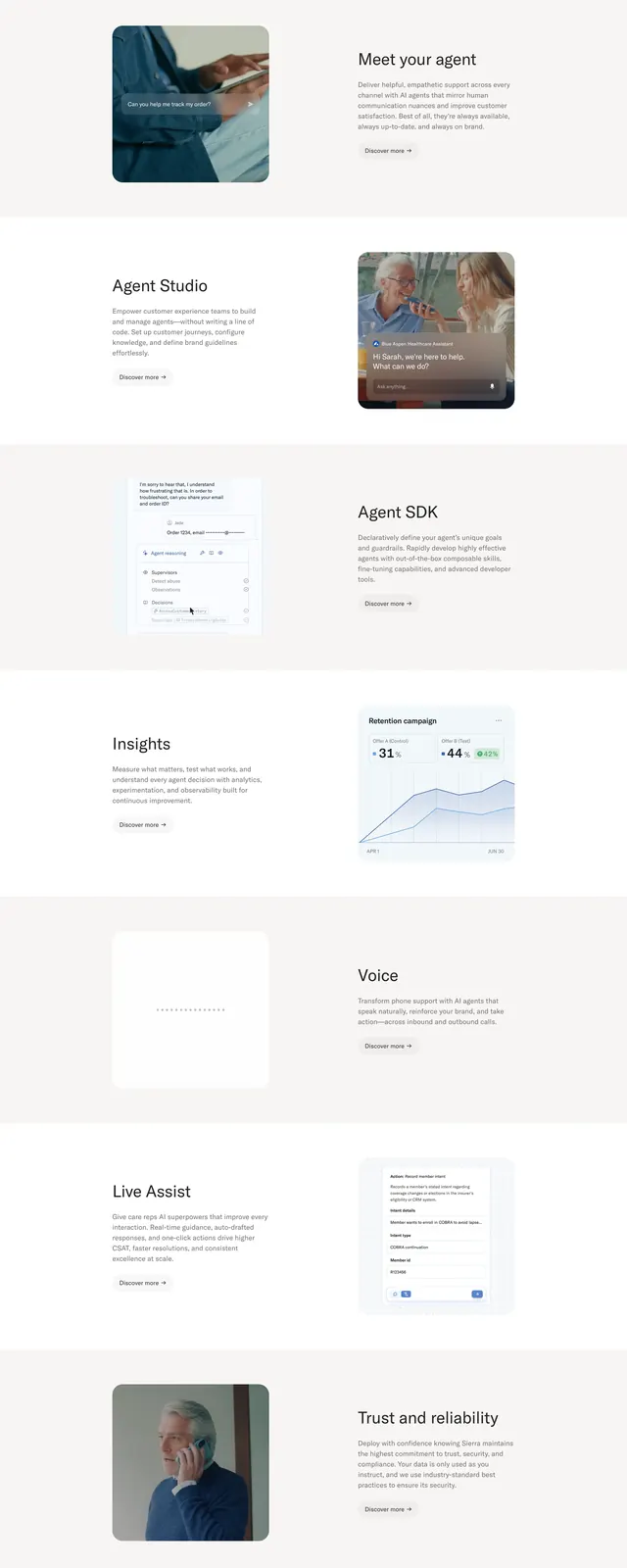 Sierra agent platform alternating features, minimal, light-mode, light