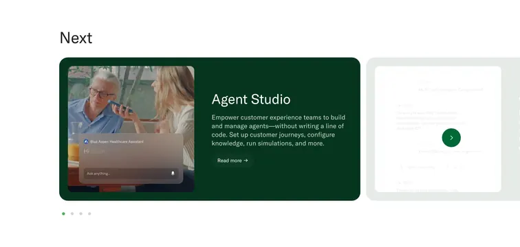 Sierra Agent Studio feature carousel, minimal, dark-mode, dark
