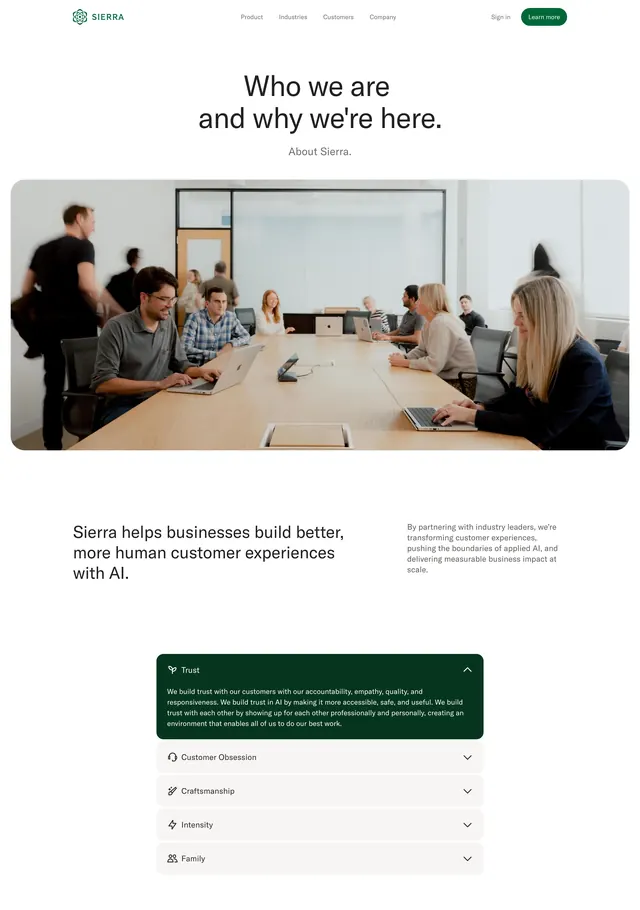 Sierra about page hero and values, minimal, light-mode, light