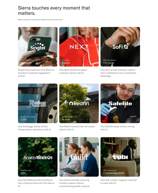 Sierra customer stories photo grid, minimal, light-mode, light