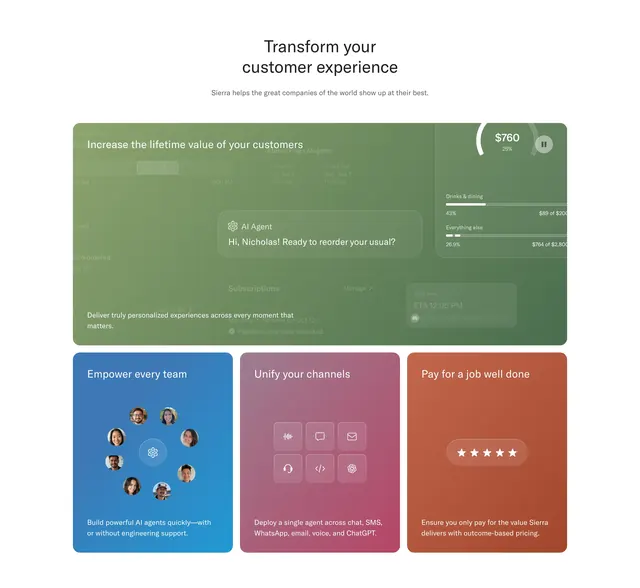 Sierra customer experience bento features, minimal, light-mode, light