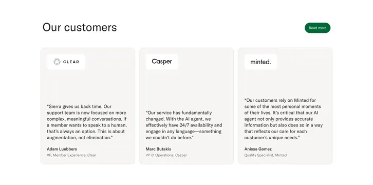 Sierra our customers three-card testimonials, minimal, light-mode, light