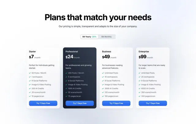 SiteRails four-tier pricing with billing toggle, light-mode, minimal, light