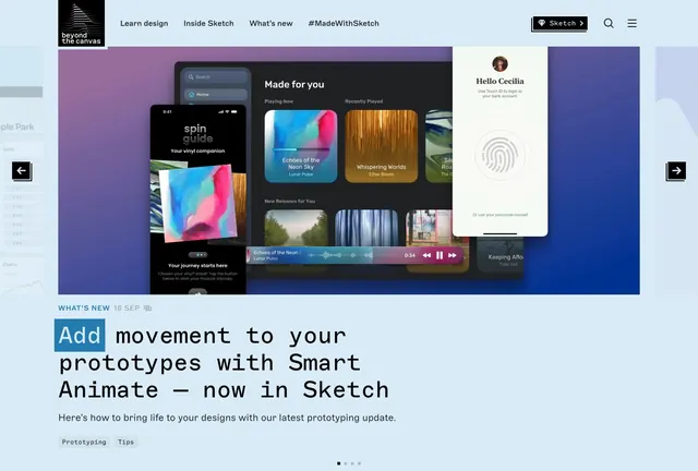 Sketch Smart Animate blog hero carousel, minimal, gradient-heavy, vibrant
