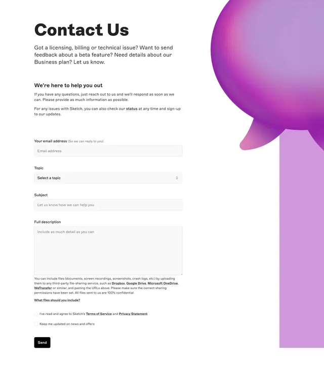 Sketch contact support form, minimal, light-mode, light