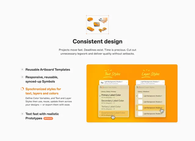 Sketch consistent design features section, minimal, light-mode, light