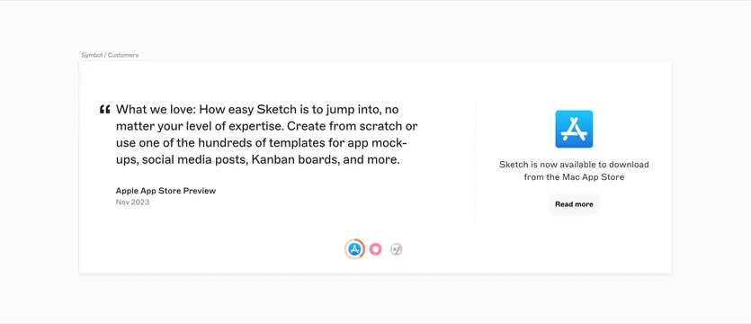 Sketch App Store testimonial card, minimal, light-mode, light