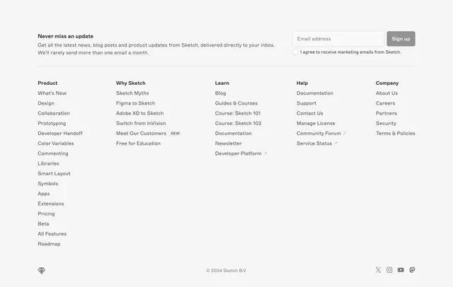 Sketch comprehensive marketing footer, minimal, light-mode, light