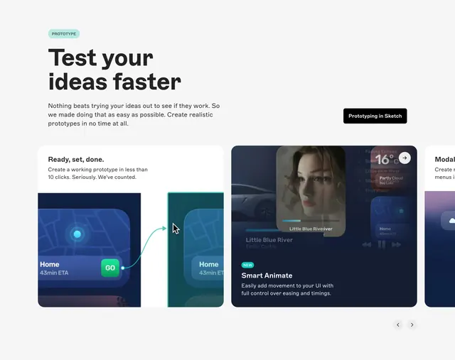 Sketch prototype feature carousel, minimal, light-mode, light