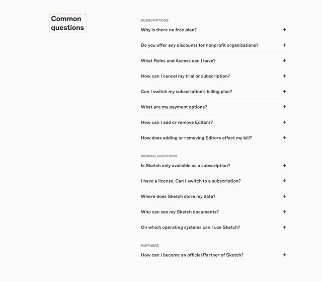 Sketch pricing FAQ accordion, minimal, light-mode, light