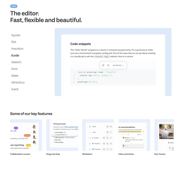 Slite editor slash commands feature, minimal, light-mode, light