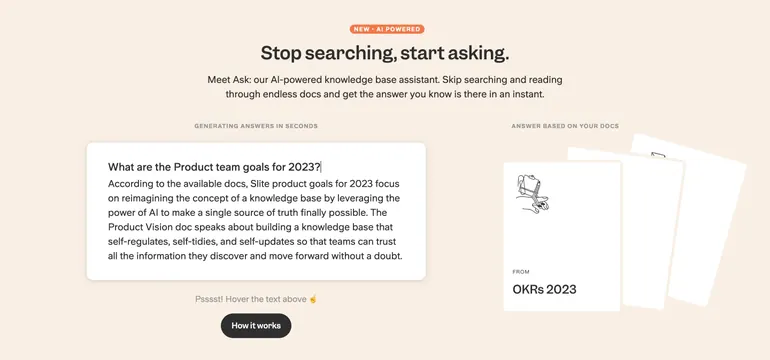 Slite Ask AI knowledge assistant, minimal, editorial, light