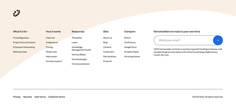 Slite marketing site footer, minimal, light-mode, light