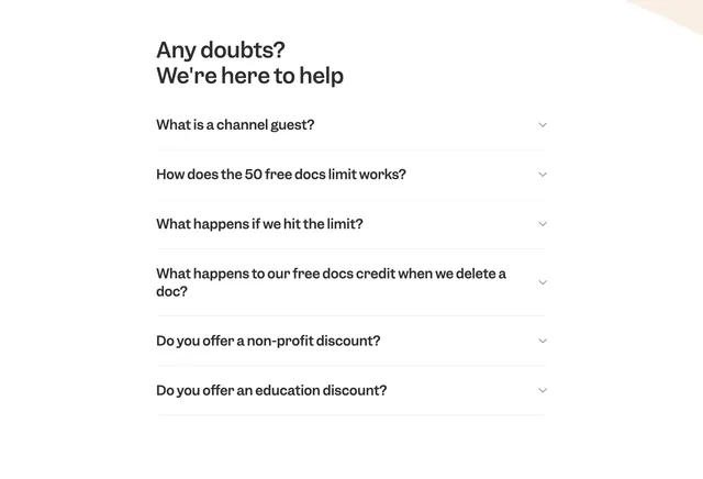 Slite pricing FAQ accordion, minimal, light-mode, light