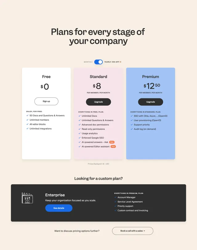 Slite three-tier pricing cards, minimal, light-mode, light