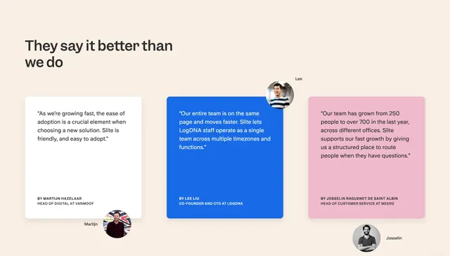 Slite pricing testimonials three cards, minimal, light-mode, light