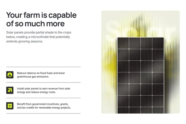 Solarpunk farm solar benefits split, minimal, corporate-clean, light
