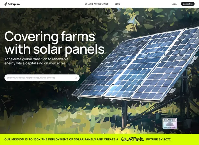 Solarpunk agrivoltaics search hero, illustrated, organic, dark