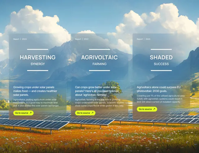 Solarpunk agrivoltaics report cards, glassmorphism, editorial, light