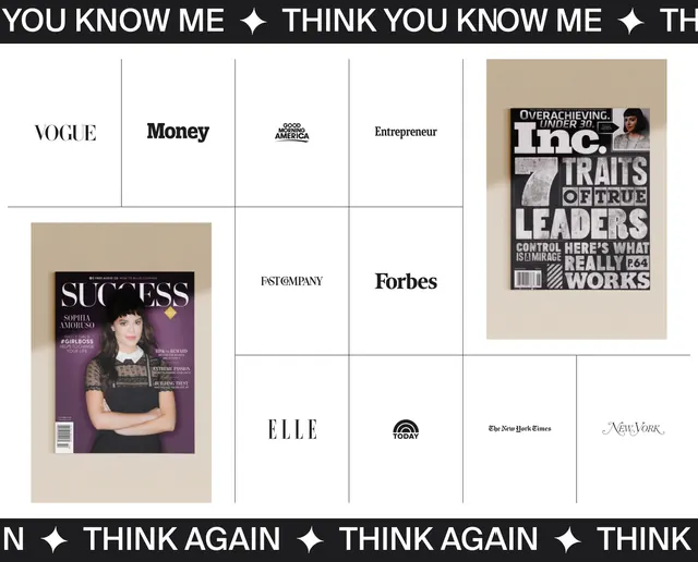 Sophia Amoruso press logo grid, editorial, minimal, light