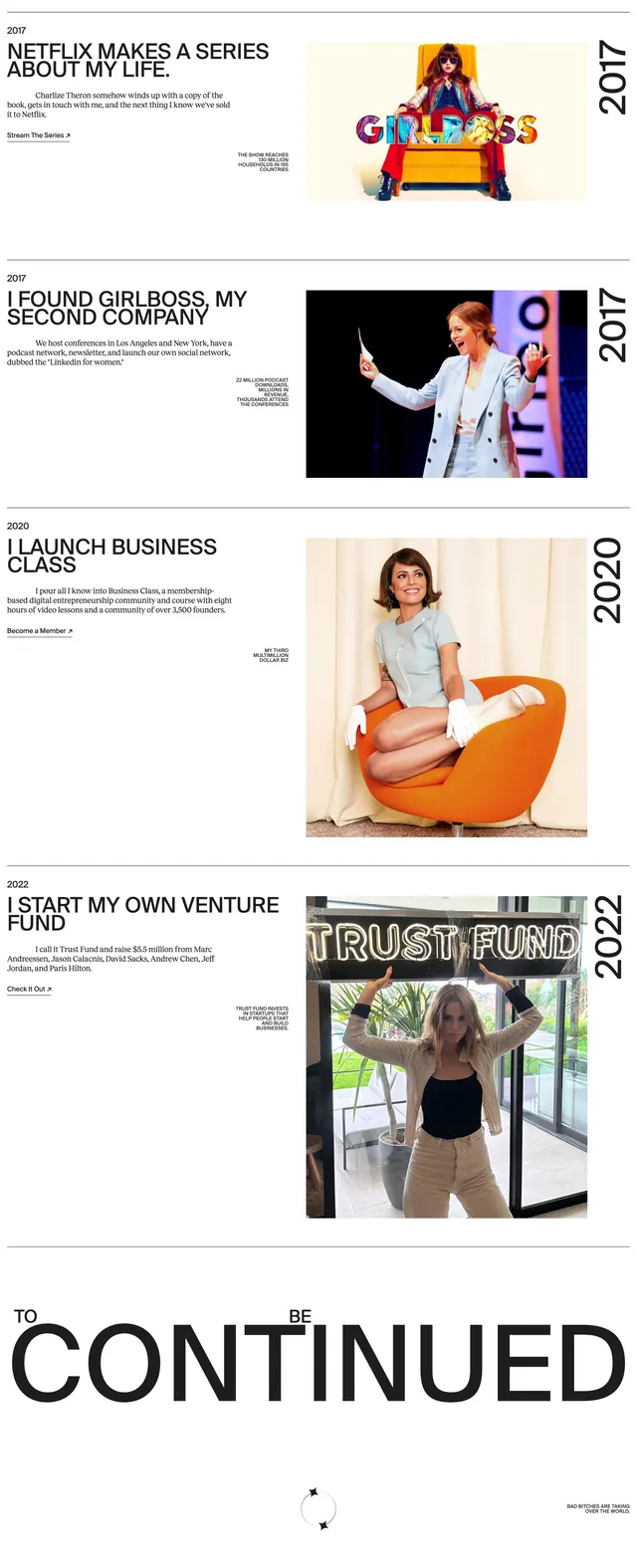 Sophia Amoruso career timeline, editorial, minimal, light