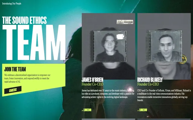 Sound Ethics team with CD-case portraits, neo-brutalist, dark-mode, dark