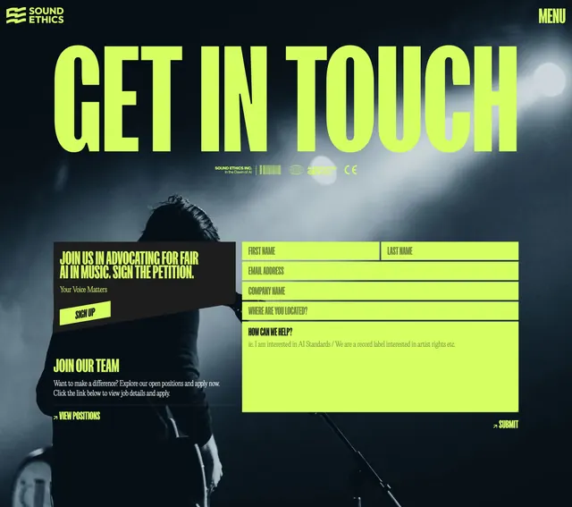 Sound Ethics Get In Touch contact page, brutalist, dark-mode, dark