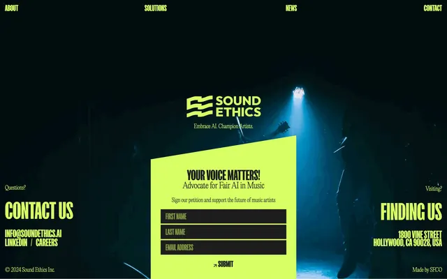 Sound Ethics footer with petition form, brutalist, dark-mode, dark