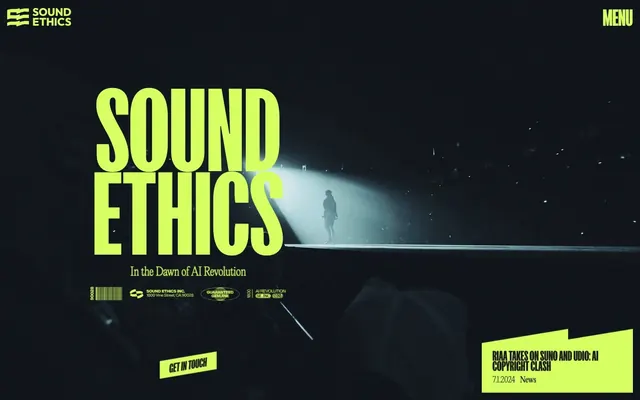 Sound Ethics home hero with spotlight, brutalist, dark-mode, dark