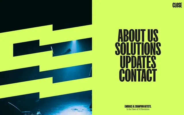 Sound Ethics full-screen menu overlay, brutalist, dark-mode, vibrant