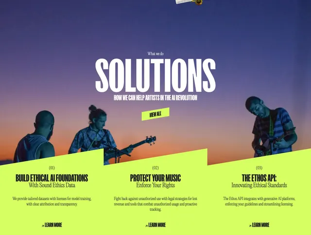 Sound Ethics Solutions service cards, brutalist, photographic, dark