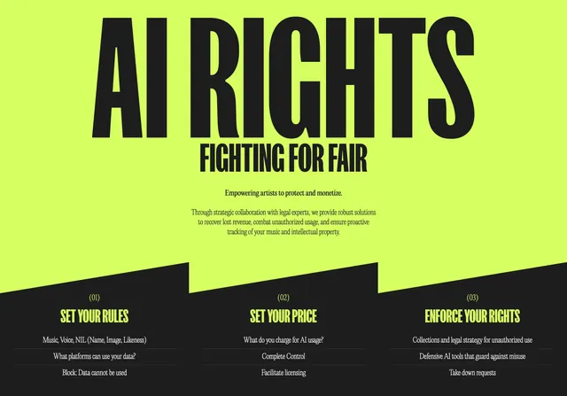 Sound Ethics AI Rights three-column features, brutalist, minimal, vibrant