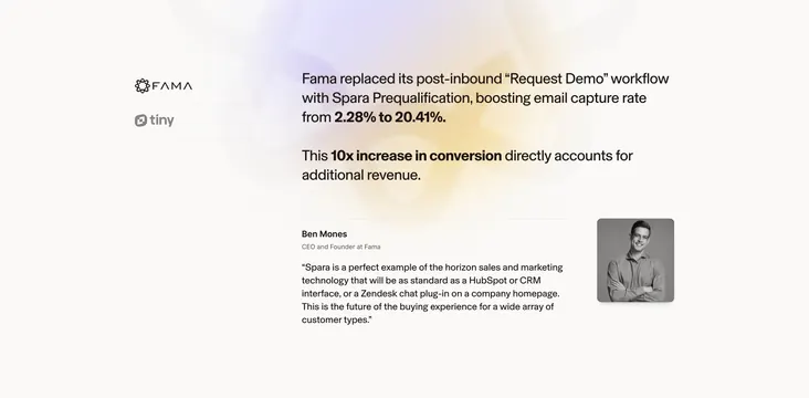 Spara single stat-led customer testimonial, light-mode, minimal, light