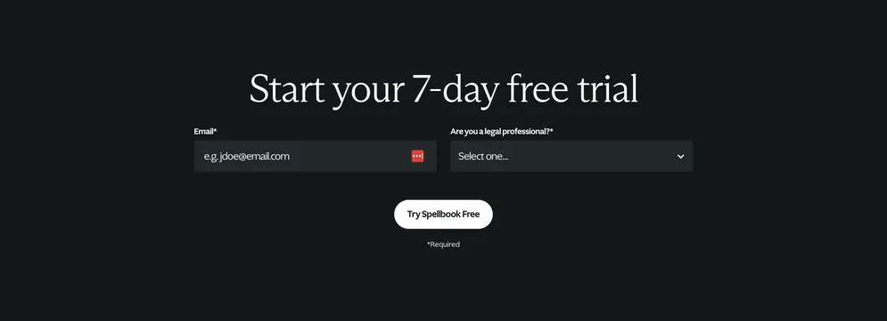 Spellbook dark trial CTA with email and qualifier dropdown, dark-mode, minimal, dark