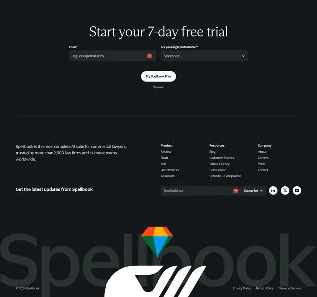 Spellbook dark footer with trial form and giant wordmark, dark-mode, minimal, dark