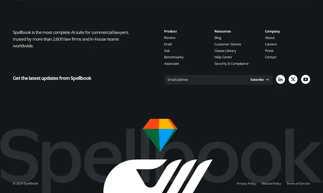 Spellbook dark multi-column footer, dark-mode, minimal, dark