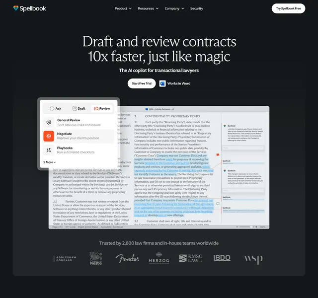 Spellbook contract AI copilot hero, dark-mode, minimal, dark