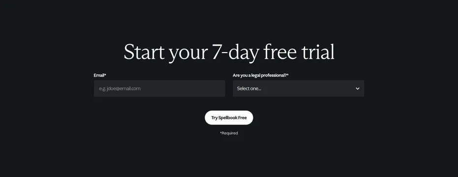 Spellbook seven-day free trial signup, dark-mode, minimal, dark