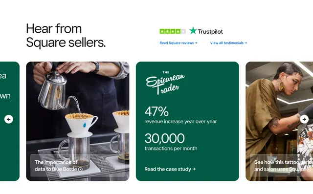 Square seller testimonial carousel, corporate-clean, minimal, light