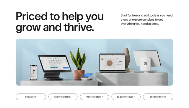 Square pricing hero with hardware photo, corporate-clean, minimal, light