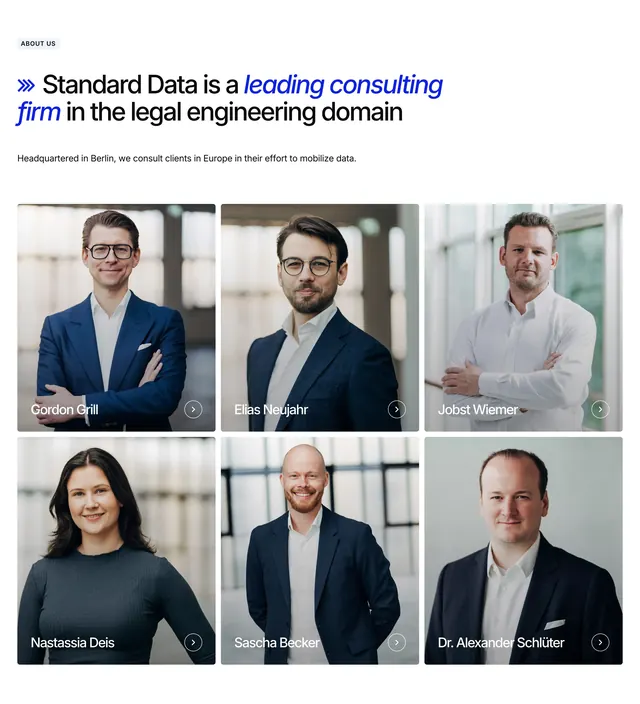 Standard Data executive team grid, corporate-clean, minimal, light