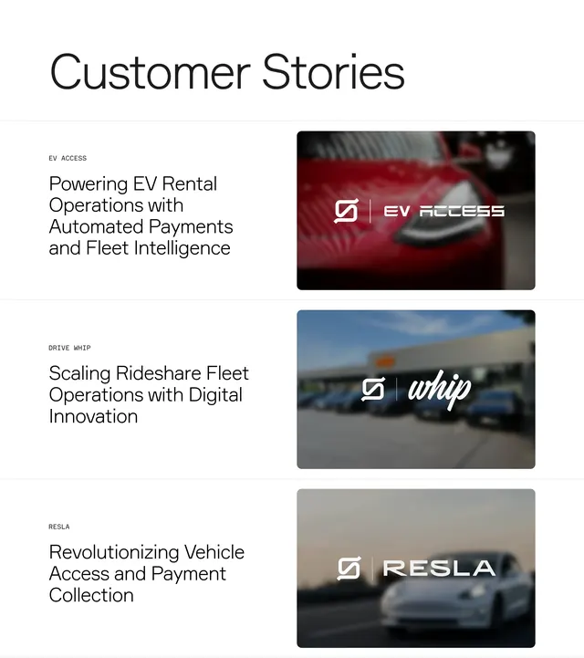 Standard Fleet customer stories list, minimal, corporate-clean, light