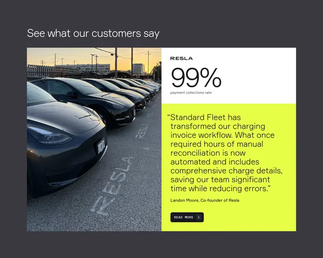 Standard Fleet Resla testimonial split, dark-mode, minimal, dark