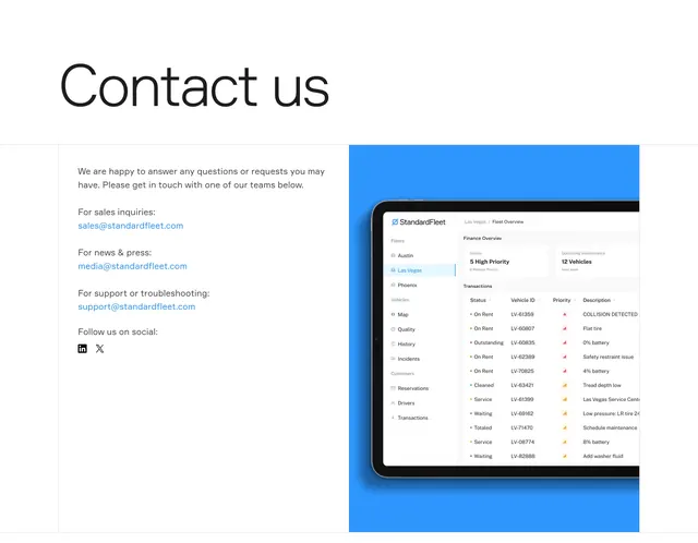 Standard Fleet contact split with dashboard, minimal, corporate-clean, light