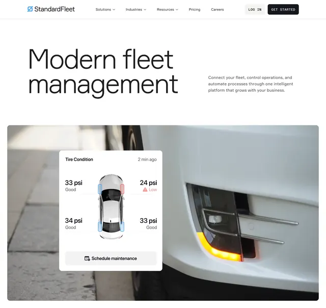 Standard Fleet management hero with tire card, minimal, corporate-clean, light